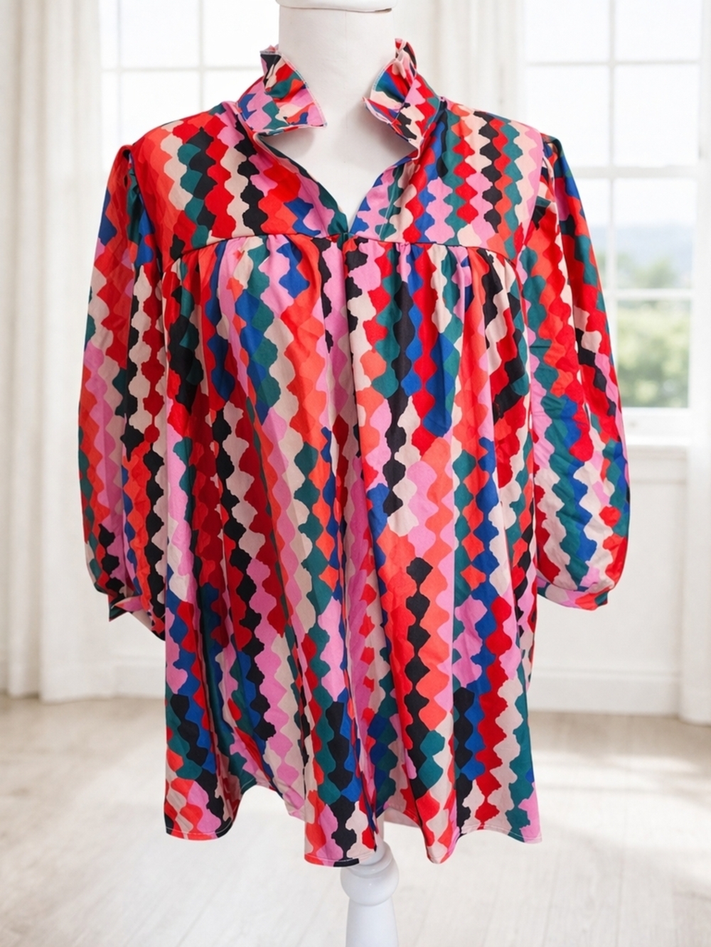 Multicolor Geometric Peasant Blouse XXL Tunic Top